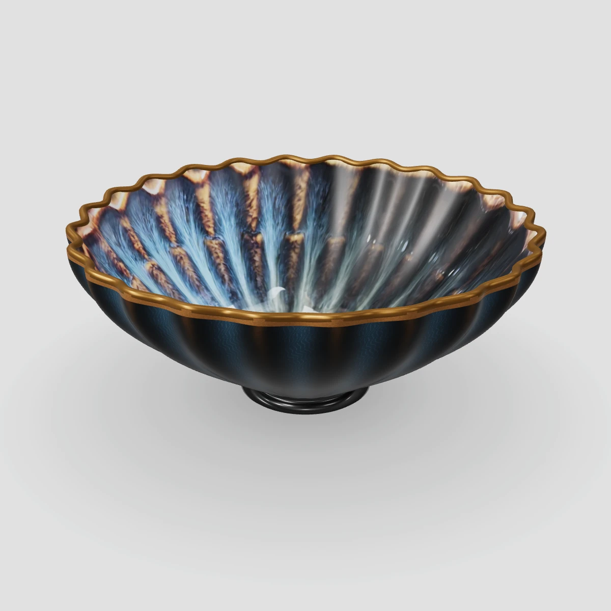 根据两张实拍参考制作的蓝黑色花瓣釉茶碗三维作品,带金棕波浪碗口